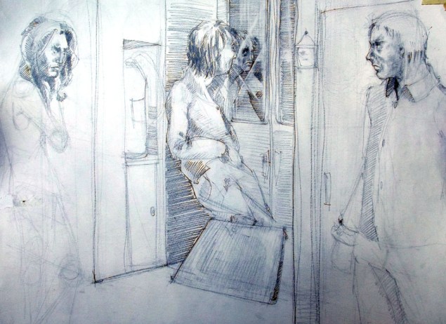 4 figür, cam, yangın tüpü, "gerçeklik" , imgesel kompozisyon kurgusu. Burçak Değerli / atölye & ATOLYE